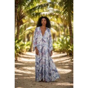 Floral Maxi Dress V Neck Button Front Kimono Sleeve Resort Vacation S